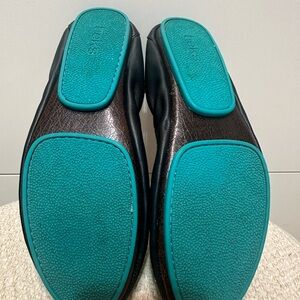 Tieks Black Leather Flats with Teal Soles